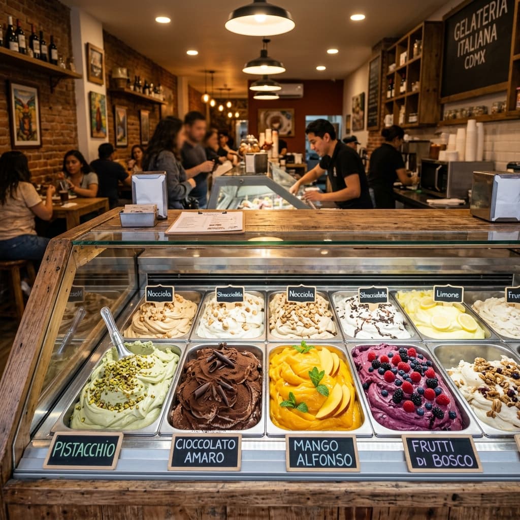 Gelatos artesanales en vitrina de Totto Gelato
